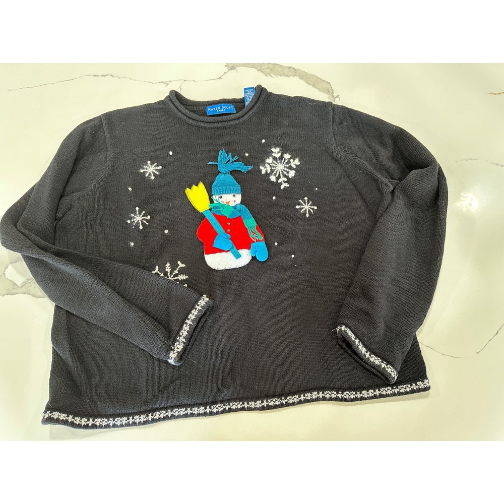 Karen Scott Sport Womens Black Snowman Snowflake‎ Holiday  Christmas Sweater L